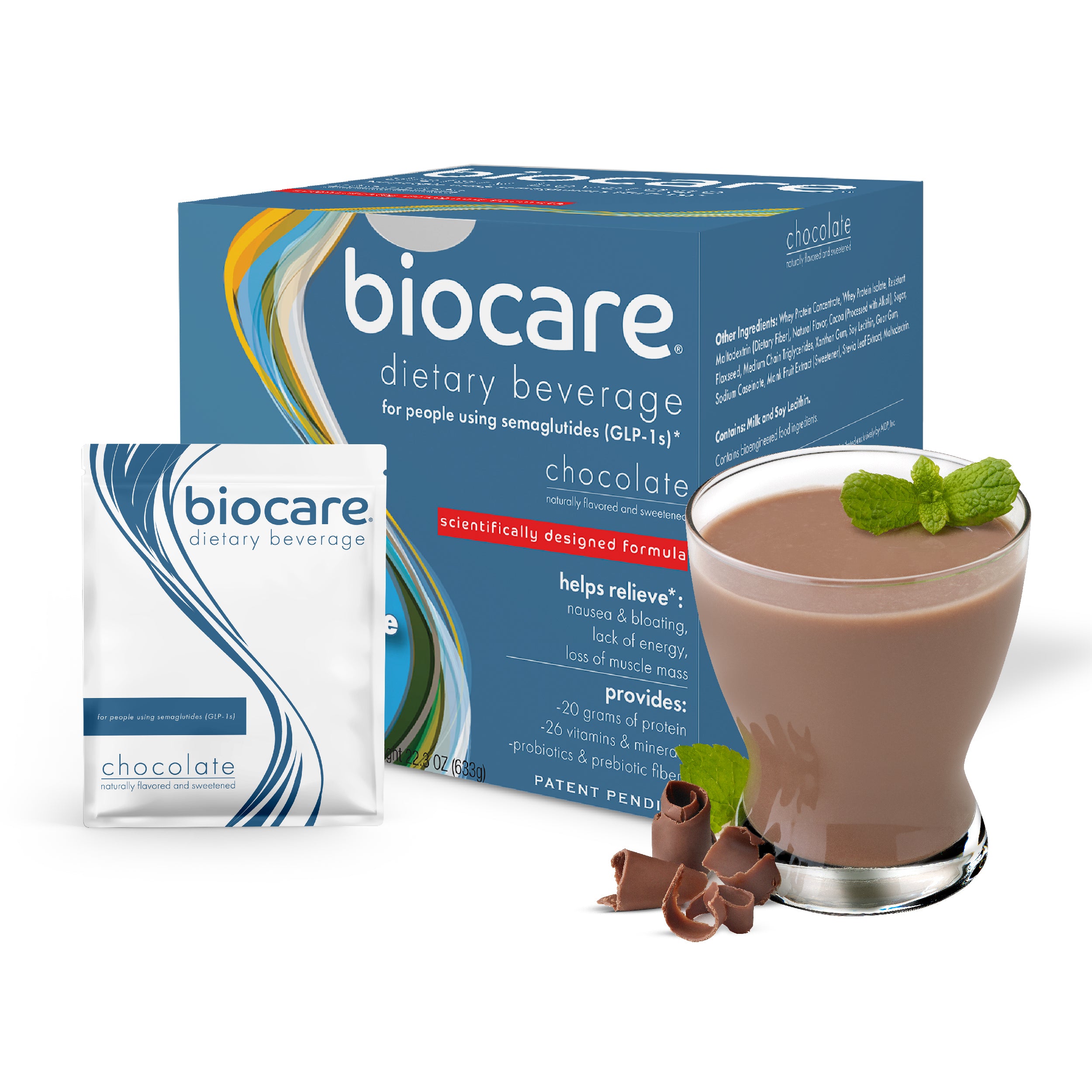 Image of Image of Biocare Semaglutide nausea relief beverage in a glass, formula pouch, and box for ozempic side effects