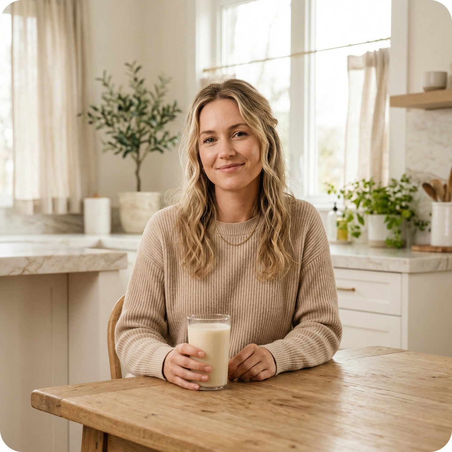 Woman holding a glass of vanilla protein shake in a kitchen