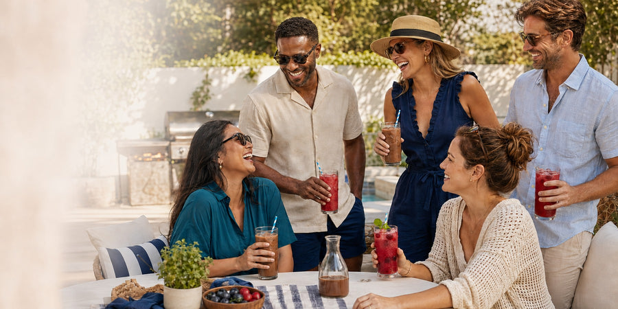 Five friends laughing together around an outdoor table on a sunny patio, holding tall glasses of iced chocolate Biocare shakes and red berry drinks, with a grill and pool behind them.