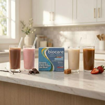 Biocare protein powder box with four glasses of different flavored shakes on a kitchen counter.